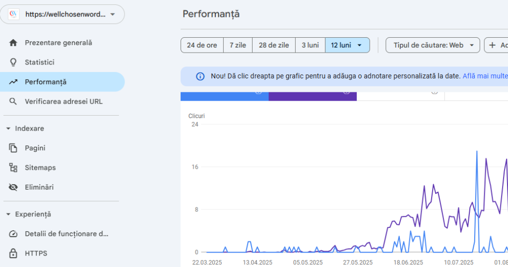 creștere vizibilitate organică în Google Search Console pentru wellchosenwords.ro